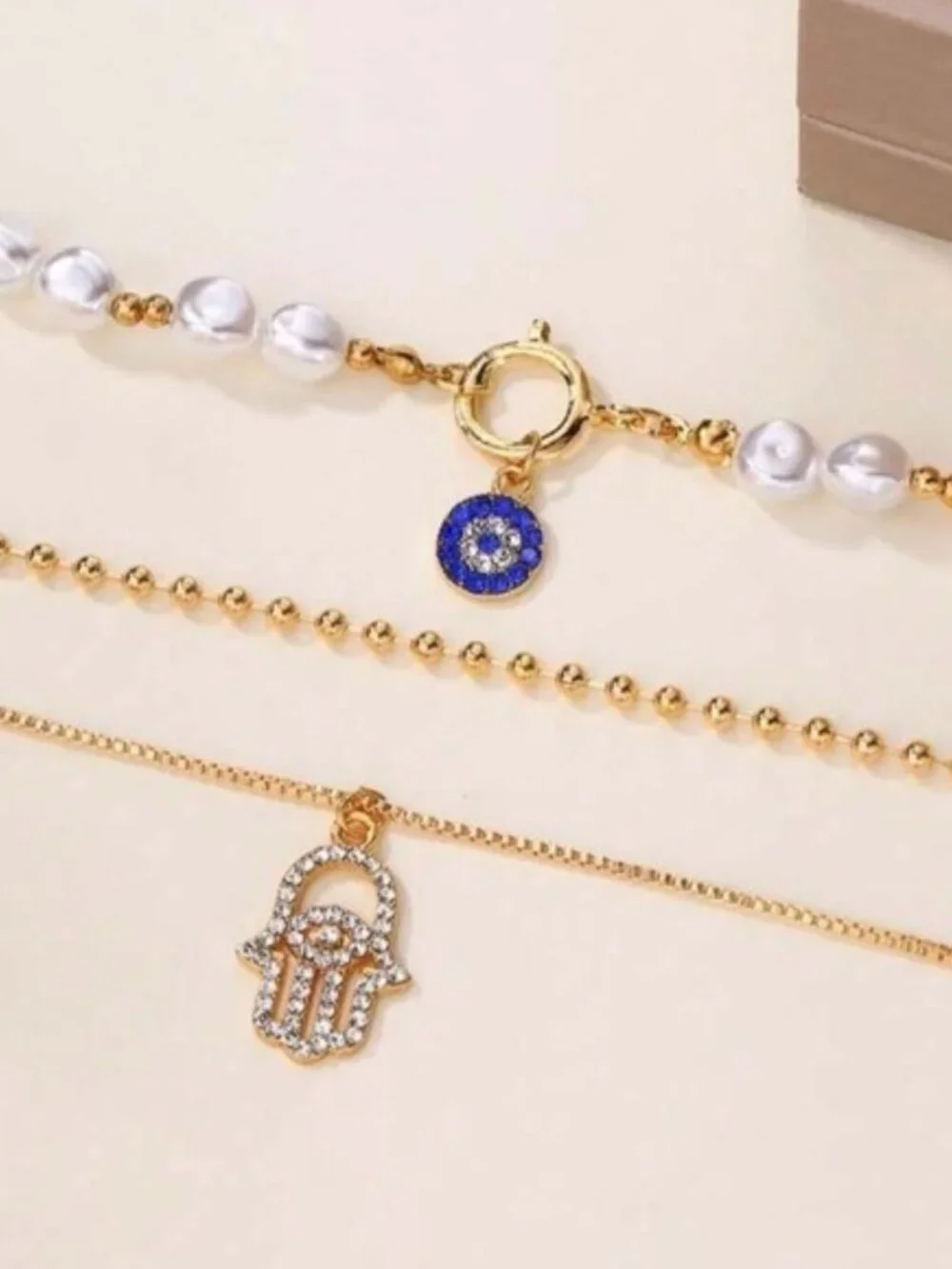 Gold 1pc Rhinestone Evil Eye Hamsa Hand Charm Layered Necklace - Picture 2 of 3